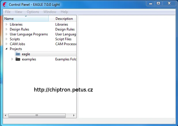Úvodní obrazovka ovládacího panelu CAD programu EAGLE 7.0 Light