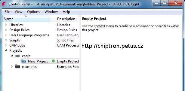 Úvodní obrazovka programu Eagle 7.0 Light se seznamem projektů