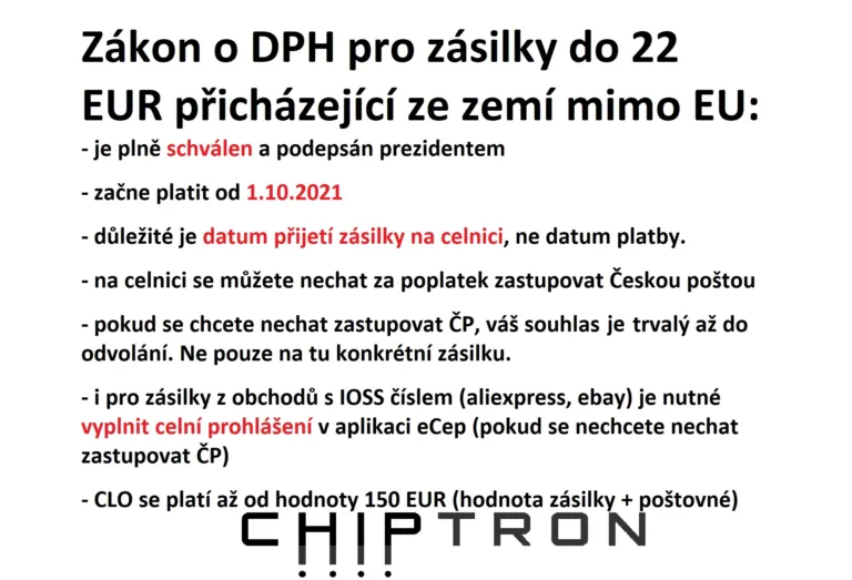 Textová grafika shrnující změny DPH u zásilek ze zemí mimo EU