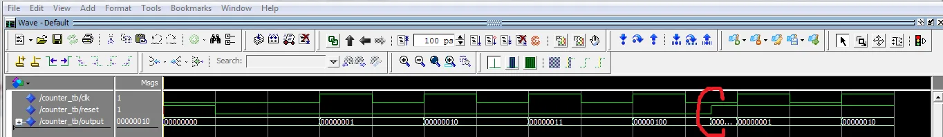 Simulační průběh hodinového signálu a resetu osmibitového čítače ve VHDL