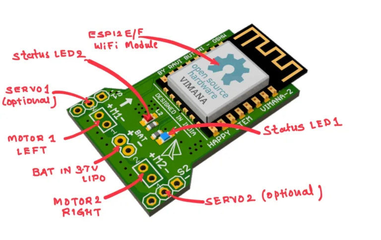 Schéma řídicí desky Vimana s modulem ESP-12F a konektory pro motory