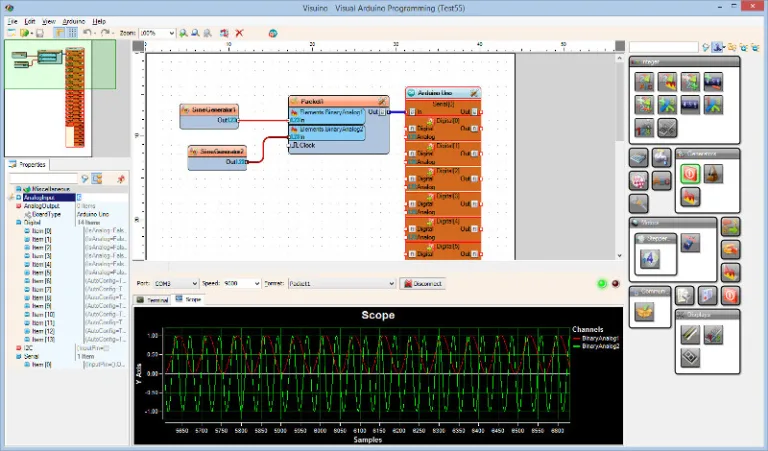 Rozhraní Visuino s grafickými bloky programu Arduino a průběhy signálů