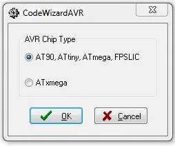 Dialog CodeWizardAVR s výběrem typu procesoru AVR, AT90, ATtiny, ATmega nebo FPSLIC