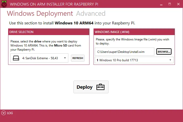 Okno WoA Installeru pro výběr SD karty a obrazu Windows 10 ARM64