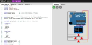 Simulátor Wokwi z kódem Arduino a zapojenou deskou Uno