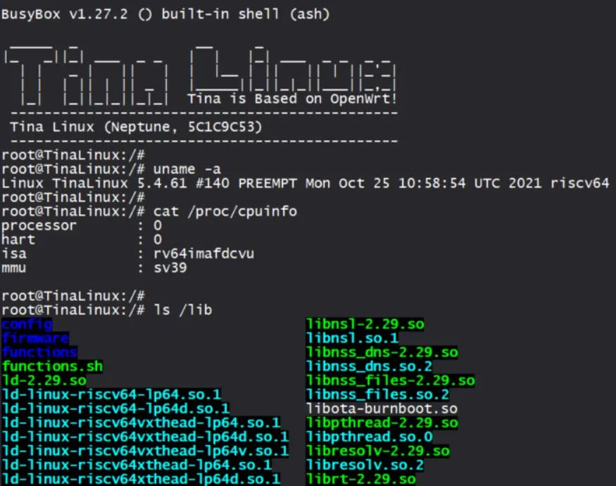 Terminál Tina Linux na RISC-V zobrazuje informace o systému a seznam knihoven