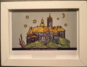 Webový editor zobrazuje barevnou ilustraci hradu se sluncem a měsícem