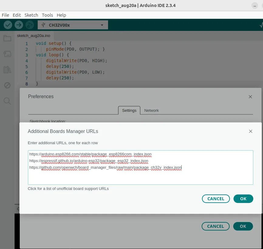 Přidání JSON pro podporu CH32V v Arduino IDE