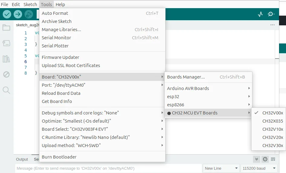 Board Manager v Arduino IDE s CH32V00x