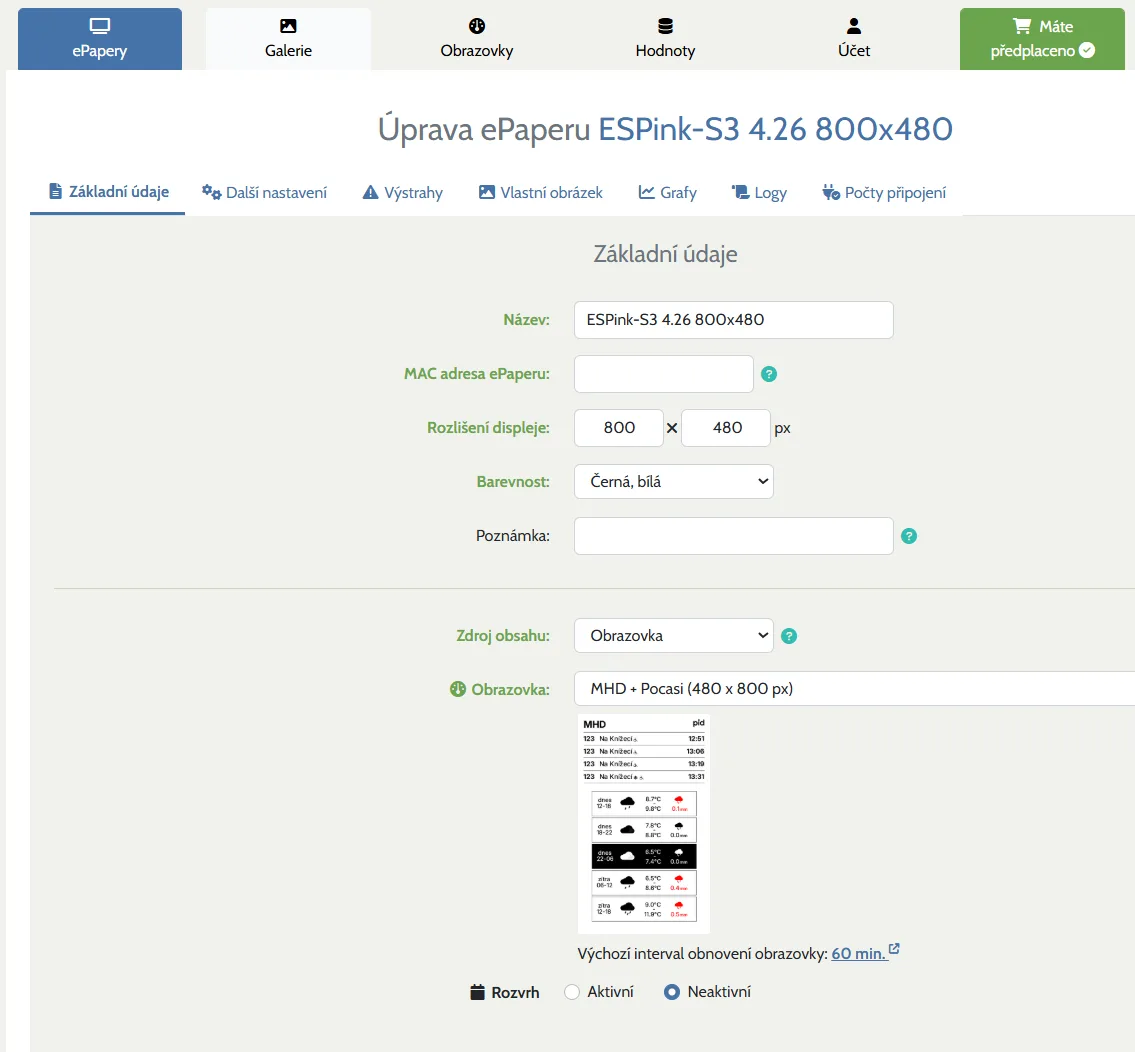 Nastavení ePaper