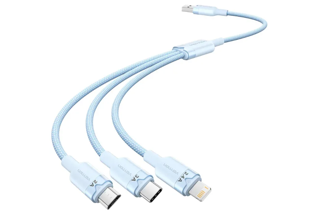 Vention USB 2.0 A Male to 3-in-1 USB-C & Lightning & Micro-B Male 3A Cable 1.5M Blue Aluminum Alloy
