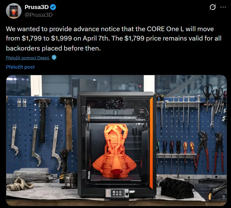 Potvrzeno: Průša bude zdražovat. Za Core One L si připlatíte 200 USD.