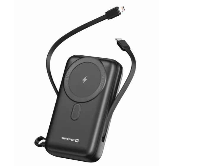 Swissten Power Banka 10000 mAh PD 20W s integrovanými kabely USB-C a Lightning, MagSafe