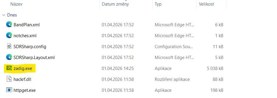 Stažený soubor Zadig pro instalaci driverů