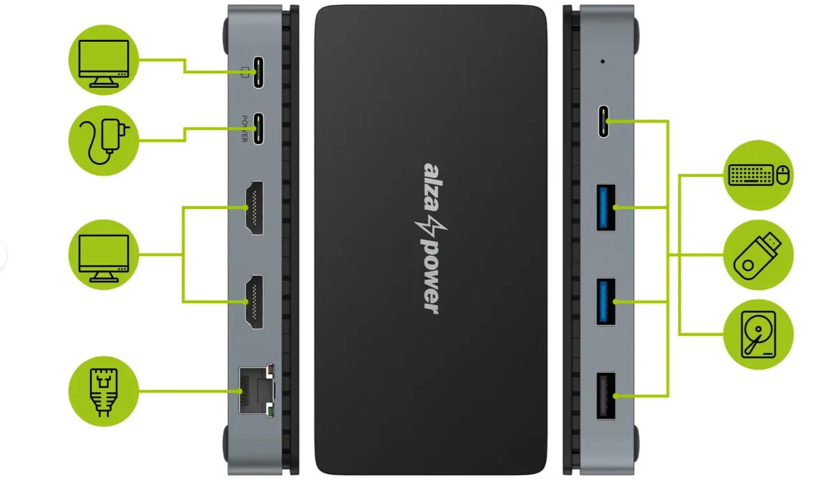 AlzaPower Metal Mini USB-C Dock Station 8v1 Dual Screen