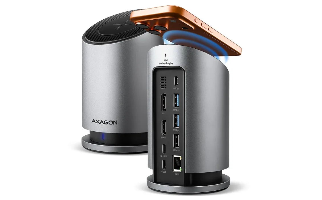 AXAGON HMC-WL9, USB-C 10Gbps Dock with Qi, 3x USB-A, 1x USB-C, HDMI & DP 4k/60Hz, RJ-45, PD 100W