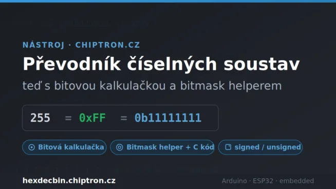 Webová bitová kalkulačka zobrazuje převod čísla 255 mezi desítkovou, šestnáctkovou a dvojkovou soustavou