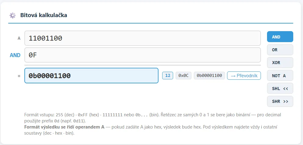 Bitová kalkulačka s kombinováním typů