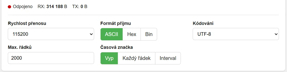 Nastavení rychlosti, počtu řádků, formát příjmu, časová značka a kódování