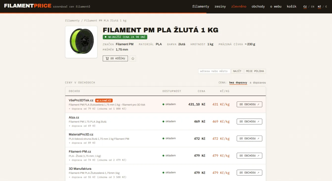 e-shopy, které mají daný filament skladem