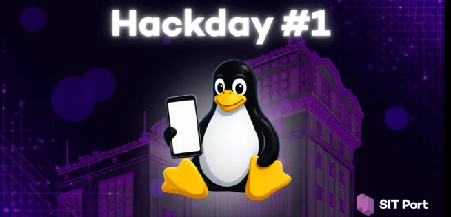Grafická pozvánka na Mobile Linux Hackday s tučňákem Tuxem a telefonem