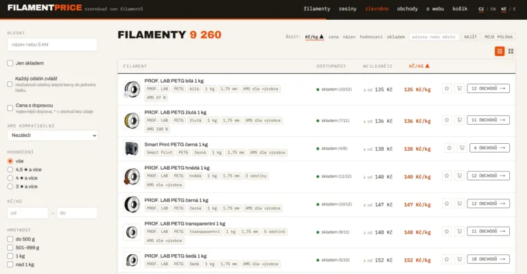 FilamentPrice: srovnávač cen filamentů pro 3D tisk