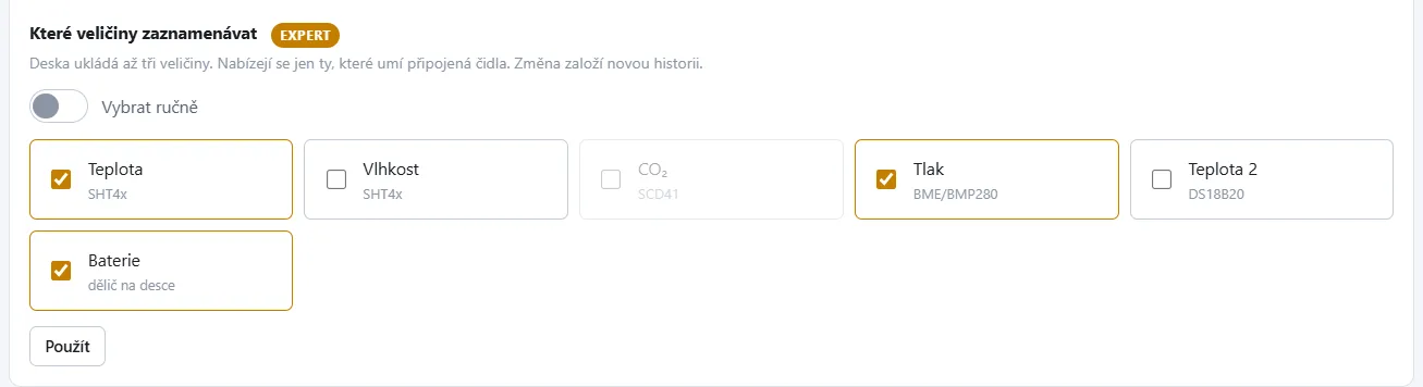 Výběr hodnot k zobrazení