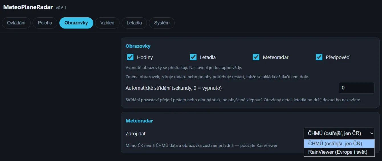 Nastavení viditelnosti obrazovek a zdroj dat pro meteoradar