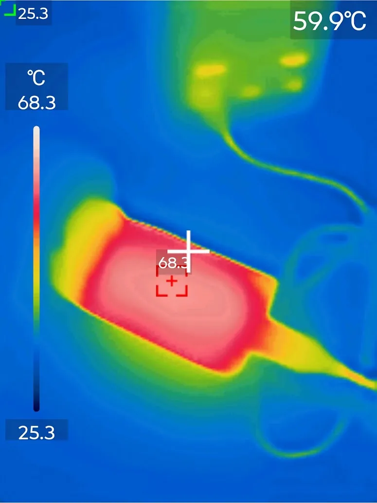 Nabíjecí adaptér od O2 udržel nabíjecí výkon 62 W po dobu 2 hodin s maximální teplotou na povrchu 68,3 °C. Nebyl dosažena hranice aktivace teplotní ochrany.