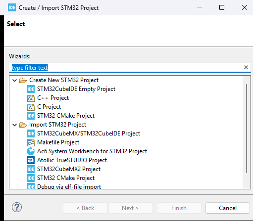 Dialog Create / Import STM32 Project v STM32CubeIDE 2.2.0