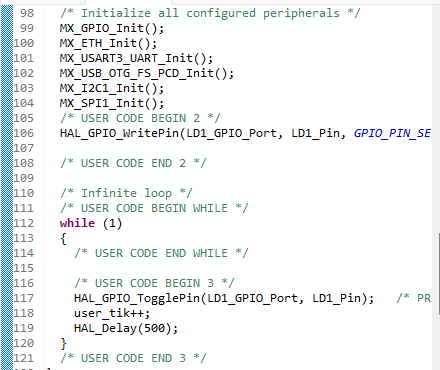 Soubor main.c po regeneraci se zachovaným kódem v USER CODE sekcích