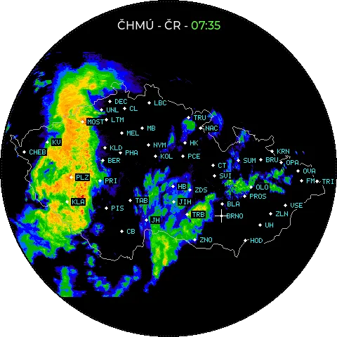 Meteoradar ČHMÚ na kulatém displeji Waveshare Hodiny
