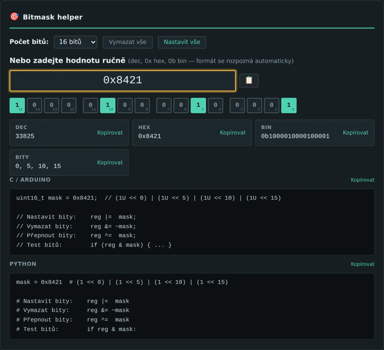 Bitmask helper s hodnotou 0x8421, šestnácti bitovými buňkami, z nichž jsou čtyři zapnuté, a s vygenerovaným kódem v C a v Pythonu