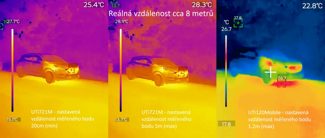 Měření auta ze vzdálenosti 8 metrů při nastavení měření vzdálenosti 20 cm vs. 5 metrů pro UTi721M a 1,2 metru pro UTi120Mobile