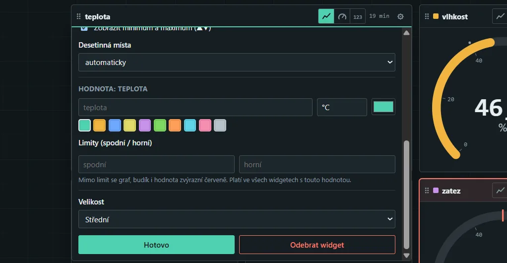 Nastavení widgetu SerialView s limity a předvolbami barev, graf teploty s červeně obarveným úsekem nad horním limitem